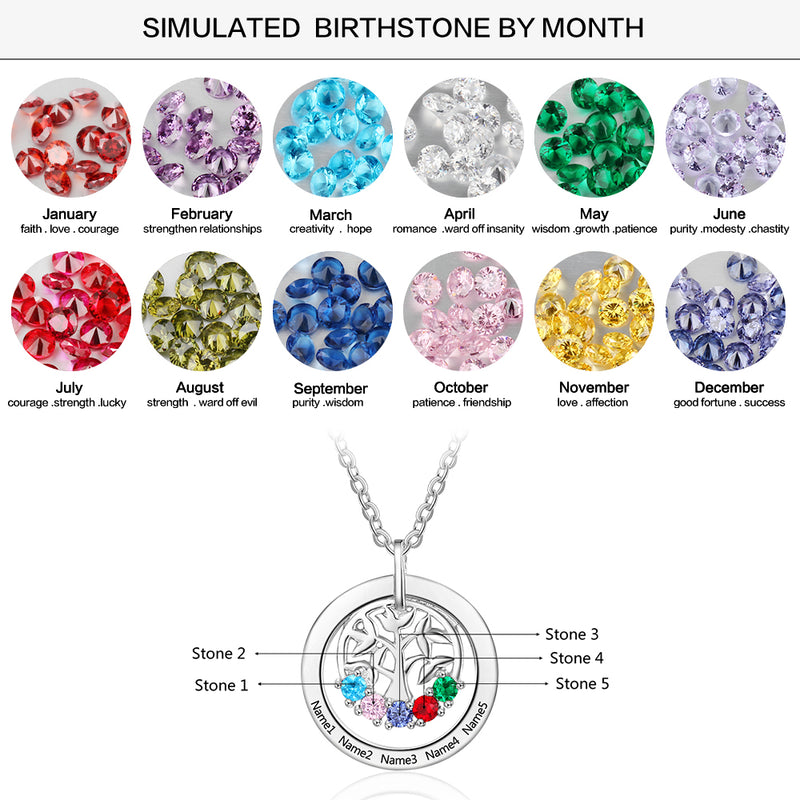 Engraved Name Family Tree Pendant Necklace with Five Birthstones