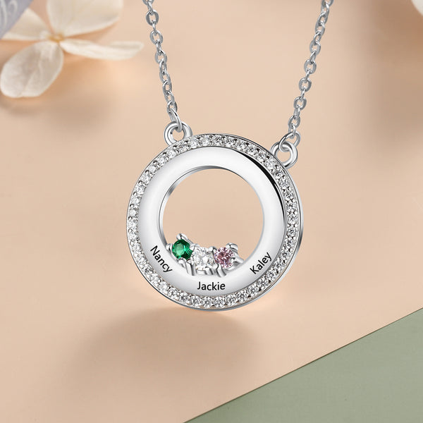 S925 Personalized Names Circle Pendant Necklace with Birthstones