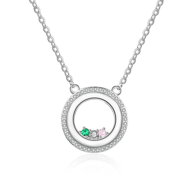 S925 Personalized Names Circle Pendant Necklace with Birthstones