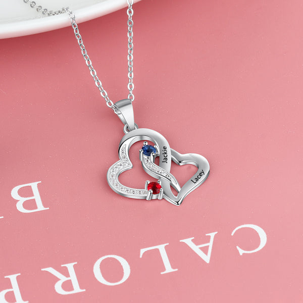 Personalized Double Heart Birthstones Pendant Necklace