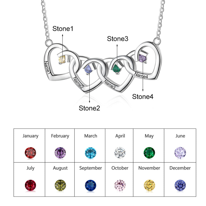925 Sterling Silver Four Birthstone Heart Necklace
