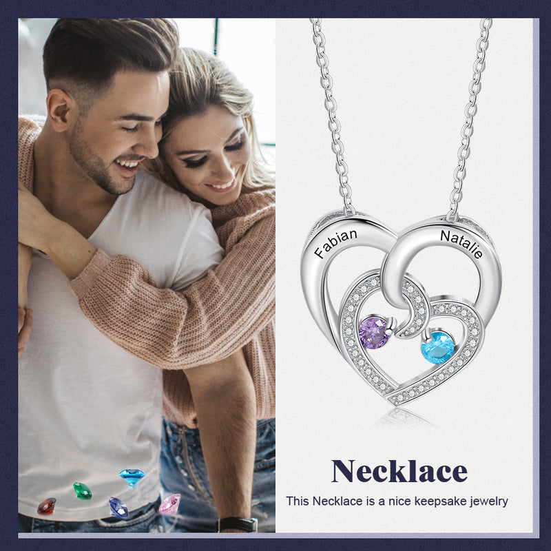 Engraved Names Double Hearts Necklace with Cubic Zircon